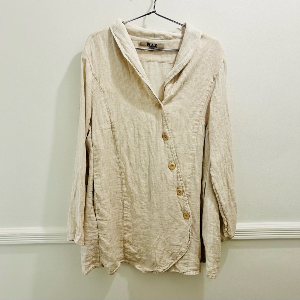 Flax Asymmetrical Linen Jacket Medium Tan Cream Off White cardigan - Picture 9 of 9